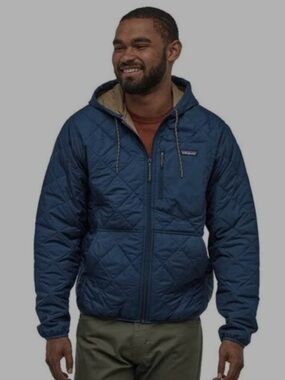 Patagonia Men’s Blue Diamond Quilted Hooded Puffer with Tan Lining